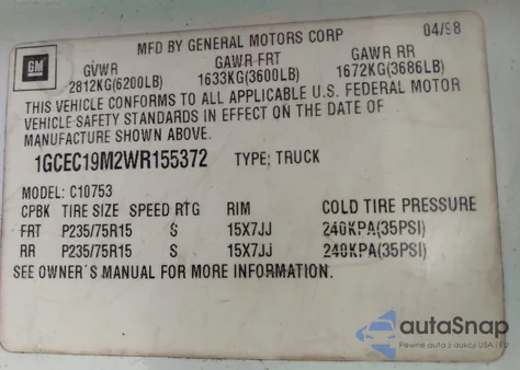 1998 Chevrolet C1500 Fleetside from USA, damaged, VIN 1GCEC19M2WR155372